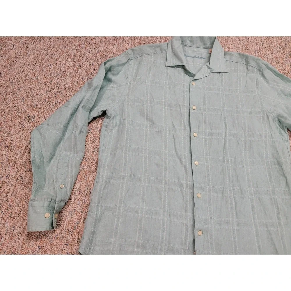 Tommy Bahama Shirt Mens Large Blue Linen Button Up Hawaiian Aloha Camp‎ Tropical